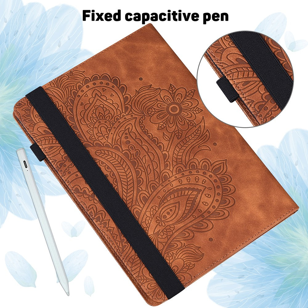 Imprinted Peafowl Flower Pattern Design Leather Tablet Wallet Stand Protective Shell for Lenovo Tab P11 TB-J606F / Tab P11 5G - Brown
