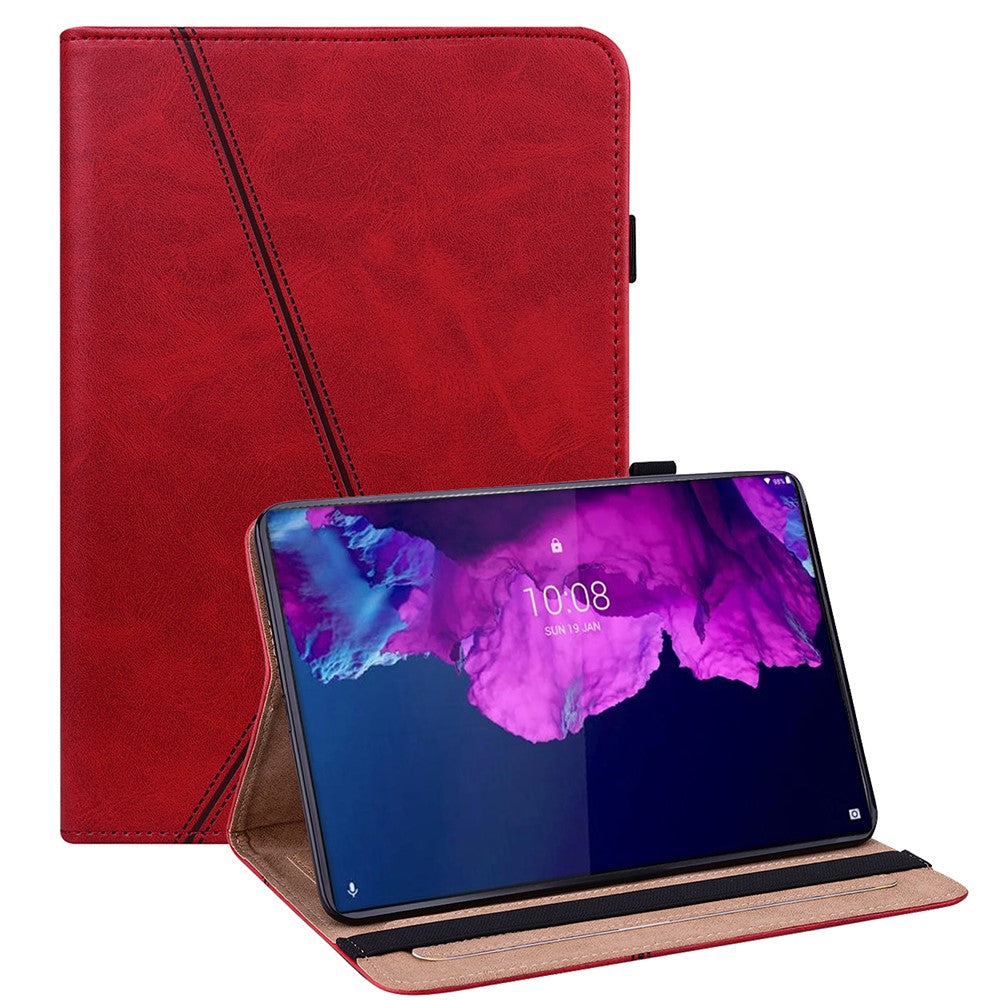 Drop-Resistant Plain Leather Tablet Stand Cover with Card Holder and Pen Strap for Lenovo Tab P11 TB-J606F / Tab P11 5G - Red