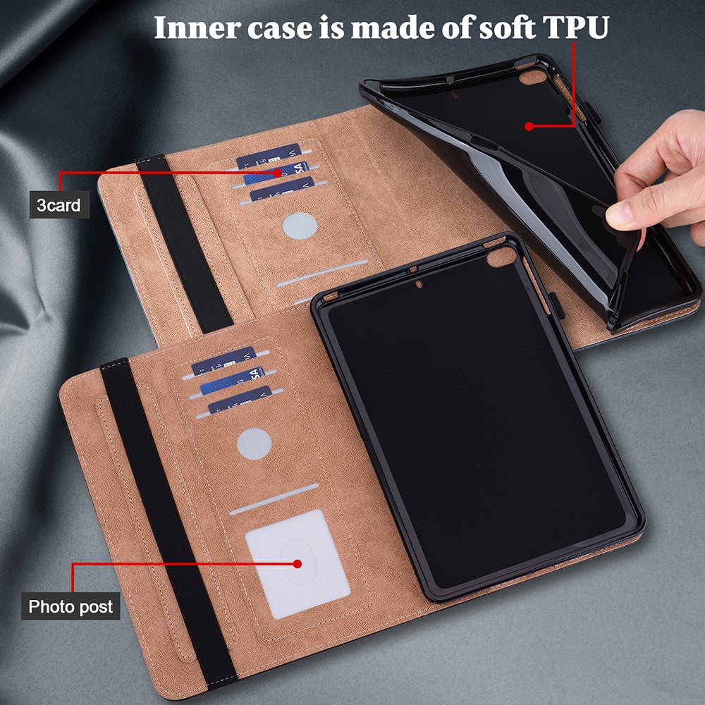 Drop-Resistant Plain Leather Tablet Stand Cover with Card Holder and Pen Strap for Lenovo Tab P11 TB-J606F / Tab P11 5G - Blue