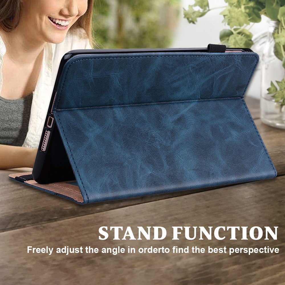 Drop-Resistant Plain Leather Tablet Stand Cover with Card Holder and Pen Strap for Lenovo Tab P11 TB-J606F / Tab P11 5G - Blue