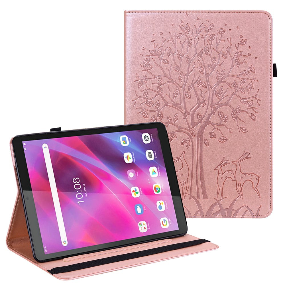 Imprint Tree and Deer Pattern Elastic Strap Closure Leather Stand Tablet Cover for Lenovo Tab M10 HD (TB-X505L/TB-X505F)/M10 (TB-X605L/TB-X605F)/Tab P10 (TB-X705F TB-X705L) - Rose Gold