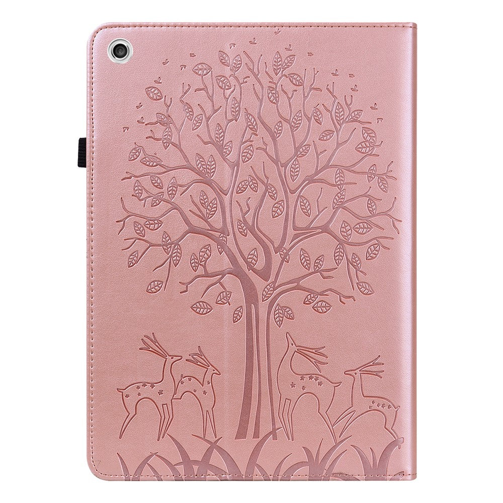 Imprint Tree and Deer Pattern Elastic Strap Closure Leather Stand Tablet Cover for Lenovo Tab M10 HD (TB-X505L/TB-X505F)/M10 (TB-X605L/TB-X605F)/Tab P10 (TB-X705F TB-X705L) - Rose Gold