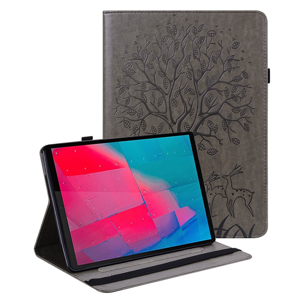 Imprinted Tree and Deer PU Leather Folio Flip Stand Protective Case Cover with Card Holder for Lenovo Tab M10 Plus TB-X606F / TB-606X - Grey
