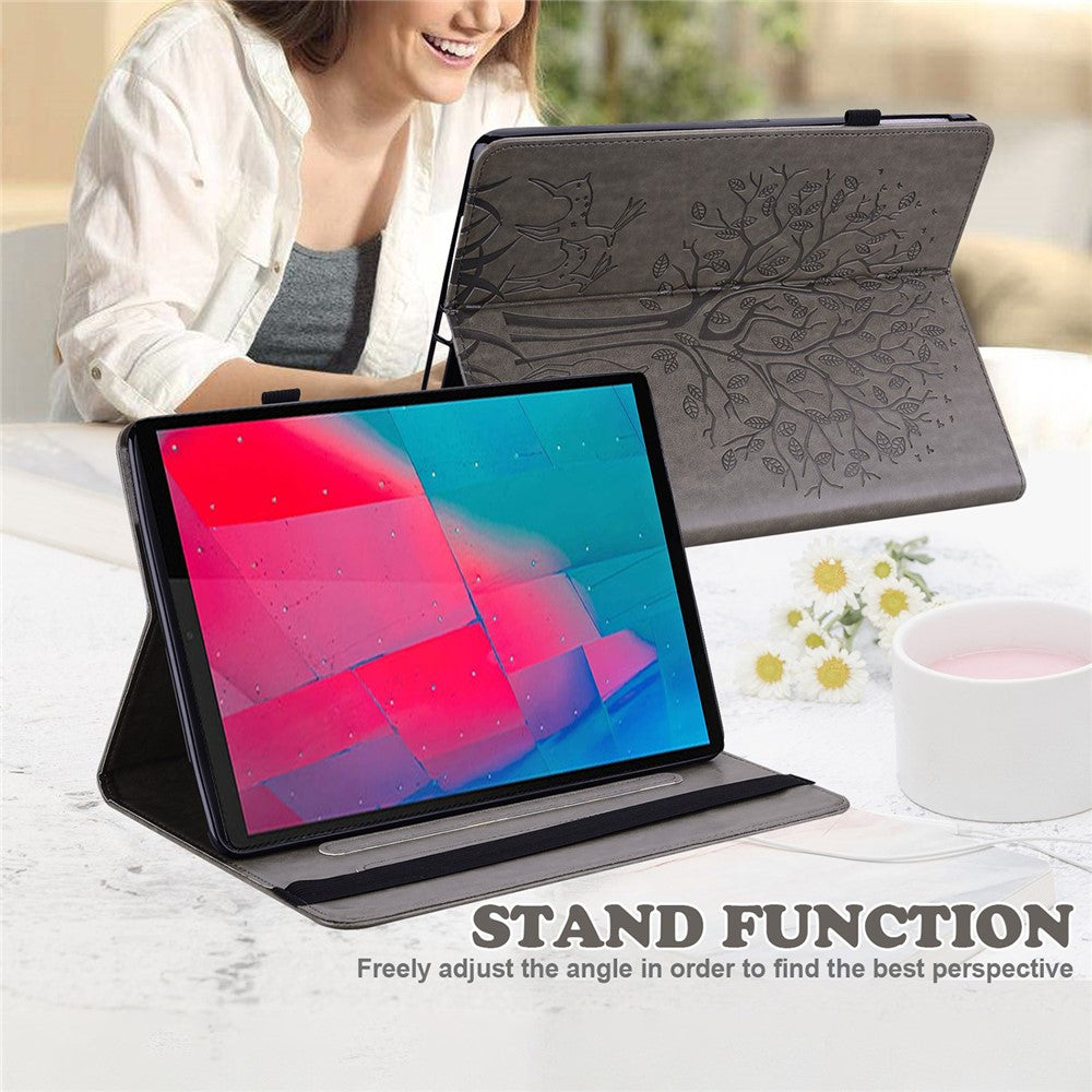 Imprinted Tree and Deer PU Leather Folio Flip Stand Protective Case Cover with Card Holder for Lenovo Tab M10 Plus TB-X606F / TB-606X - Grey