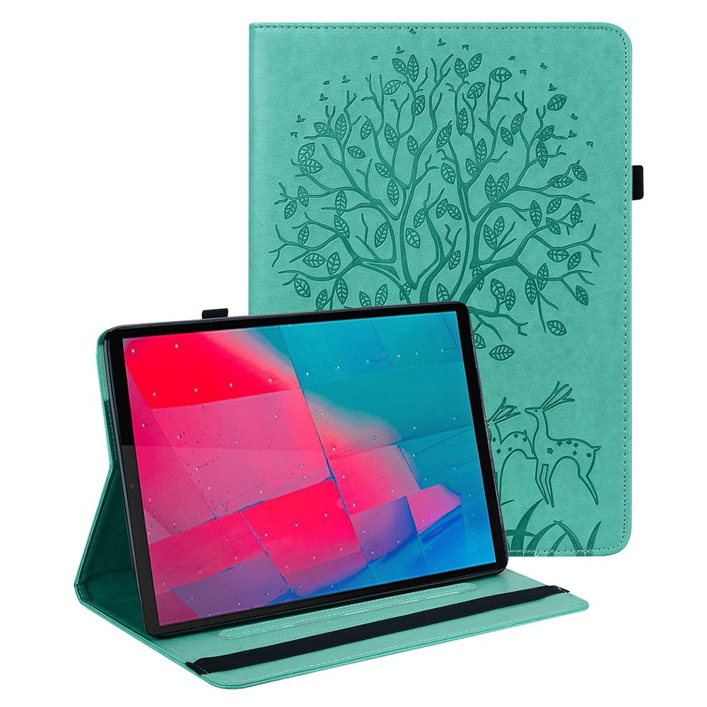 Imprinted Tree and Deer PU Leather Folio Flip Stand Protective Case Cover with Card Holder for Lenovo Tab M10 Plus TB-X606F / TB-606X - Green