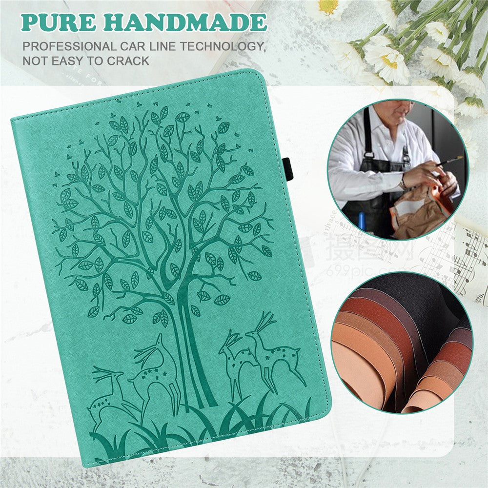 Imprinted Tree and Deer PU Leather Folio Flip Stand Protective Case Cover with Card Holder for Lenovo Tab M10 Plus TB-X606F / TB-606X - Green