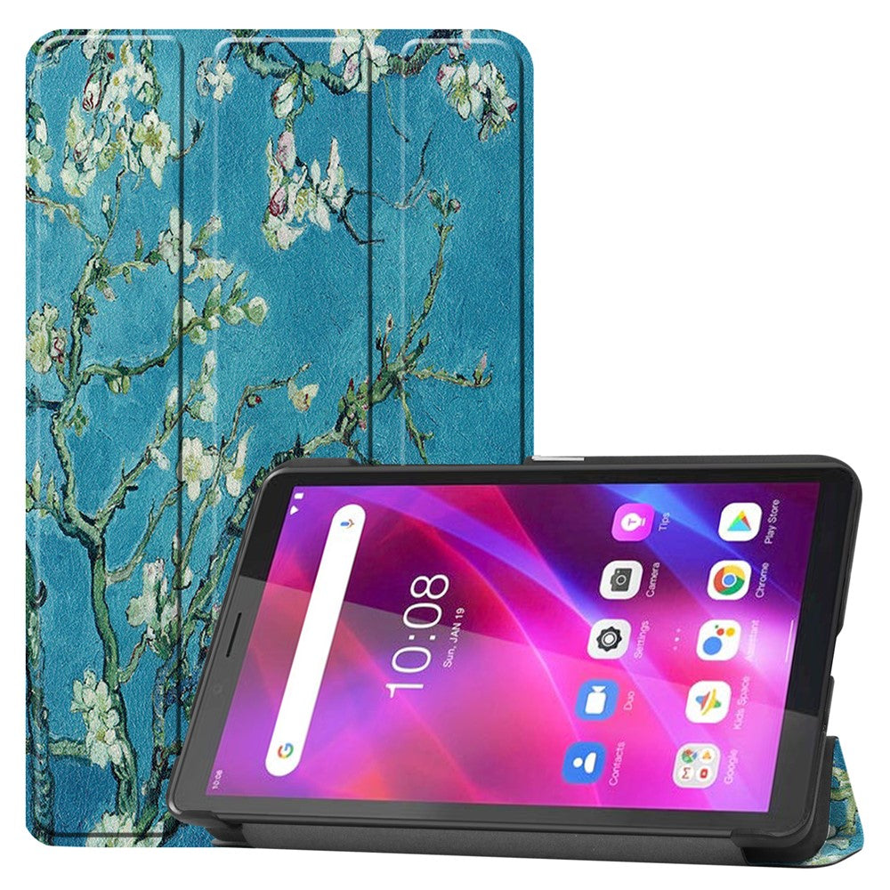 Stylish Light Slim Pattern Printing PU Leather Tri-fold Stand Tablet Cover Shell for Lenovo Tab M7 (2nd Gen) / (3rd Gen) - Plum Blossom