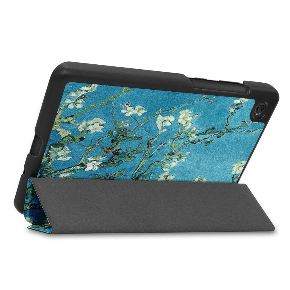 Stylish Light Slim Pattern Printing PU Leather Tri-fold Stand Tablet Cover Shell for Lenovo Tab M7 (2nd Gen) / (3rd Gen) - Plum Blossom