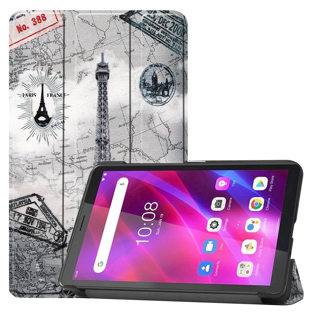 Stylish Light Slim Pattern Printing PU Leather Tri-fold Stand Tablet Cover Shell for Lenovo Tab M7 (2nd Gen) / (3rd Gen) - Eiffel Tower and Map