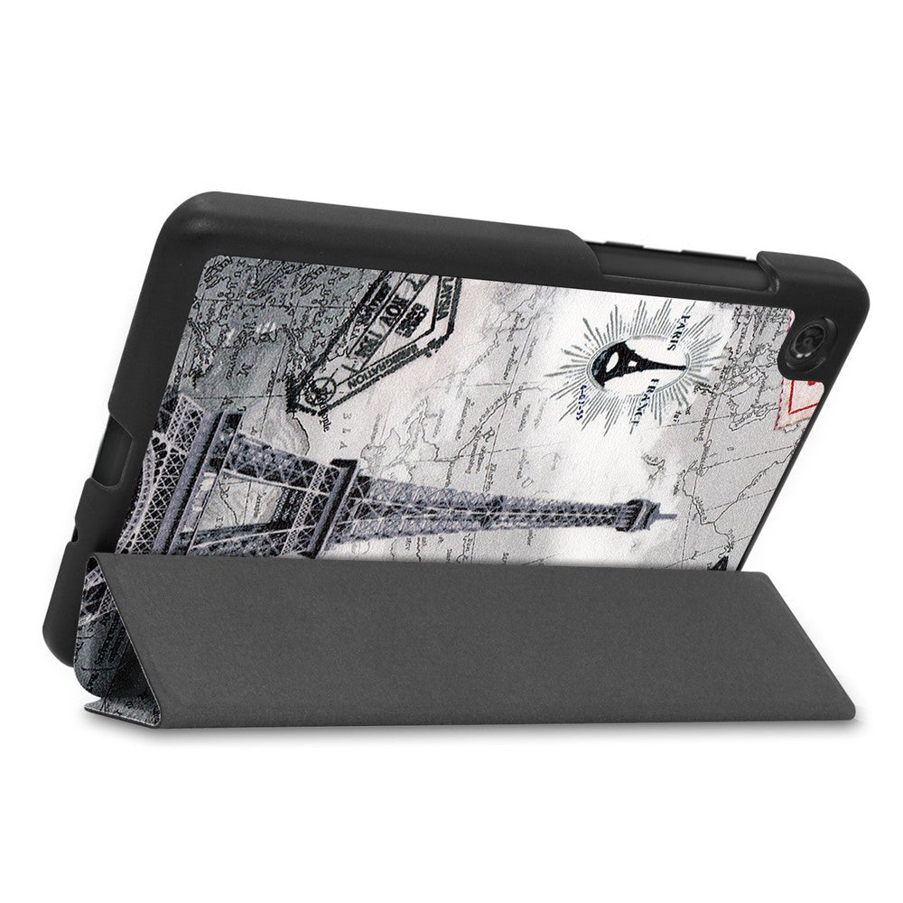 Stylish Light Slim Pattern Printing PU Leather Tri-fold Stand Tablet Cover Shell for Lenovo Tab M7 (2nd Gen) / (3rd Gen) - Eiffel Tower and Map