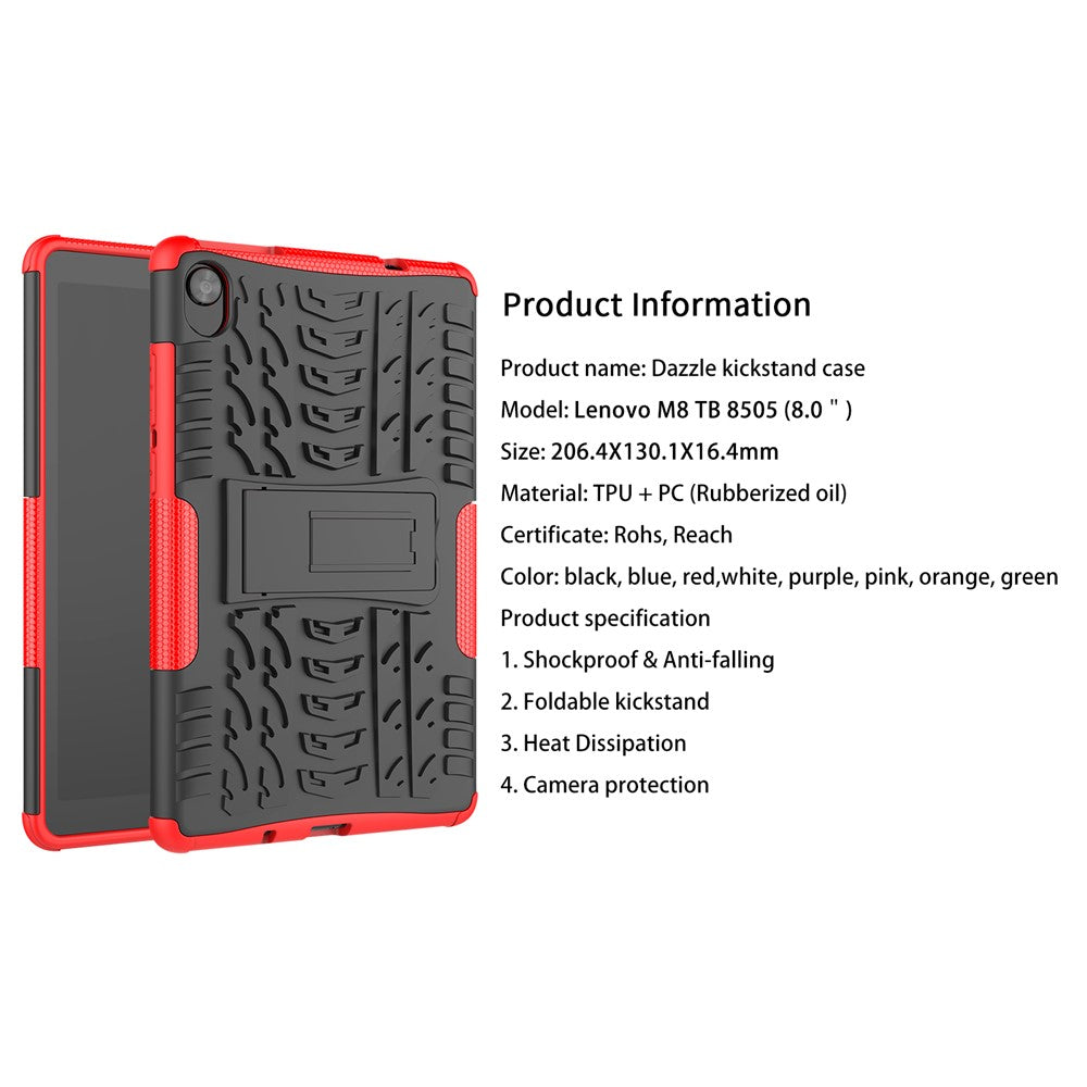 Tire Texture Hard PC Back Soft TPU Rugged Protective Phone Case with Kickstand for Lenovo Tab M8 (HD) 8505 / Tab M8 (3rd Gen) 8506 - Black