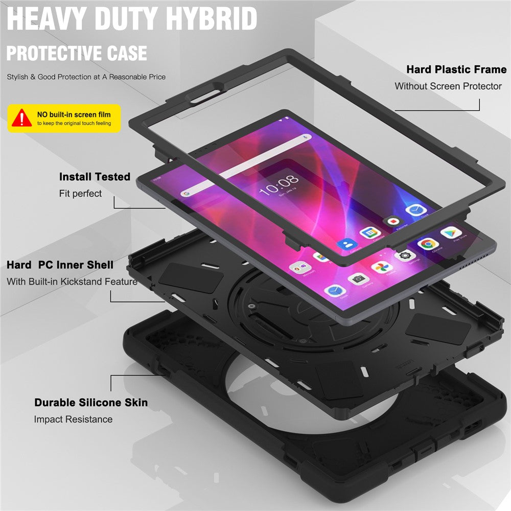 For Lenovo Tab K10/M10 Plus 360-degree Swiveling Kickstand Anti-scratch PC + Silicone Hybrid Case Cover Shell with Hand Band - Black