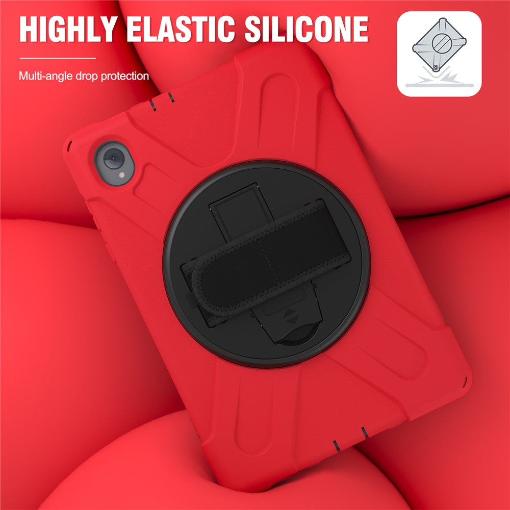 For Lenovo Tab K10/M10 Plus 360-degree Swiveling Kickstand Anti-scratch PC + Silicone Hybrid Case Cover Shell with Hand Band - Red