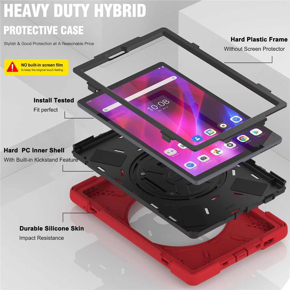 For Lenovo Tab K10/M10 Plus 360-degree Swiveling Kickstand Anti-scratch PC + Silicone Hybrid Case Cover Shell with Hand Band - Red