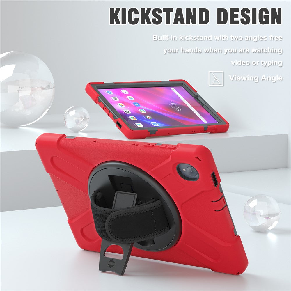 For Lenovo Tab K10/M10 Plus 360-degree Swiveling Kickstand Anti-scratch PC + Silicone Hybrid Case Cover Shell with Hand Band - Red