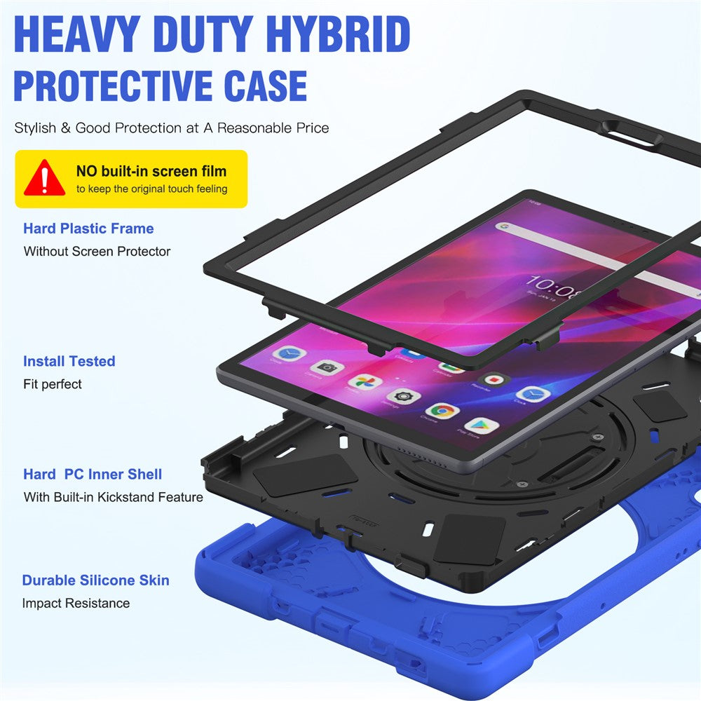 For Lenovo Tab K10/M10 Plus 360-degree Swiveling Kickstand Anti-scratch PC + Silicone Hybrid Case Cover Shell with Hand Band - Blue