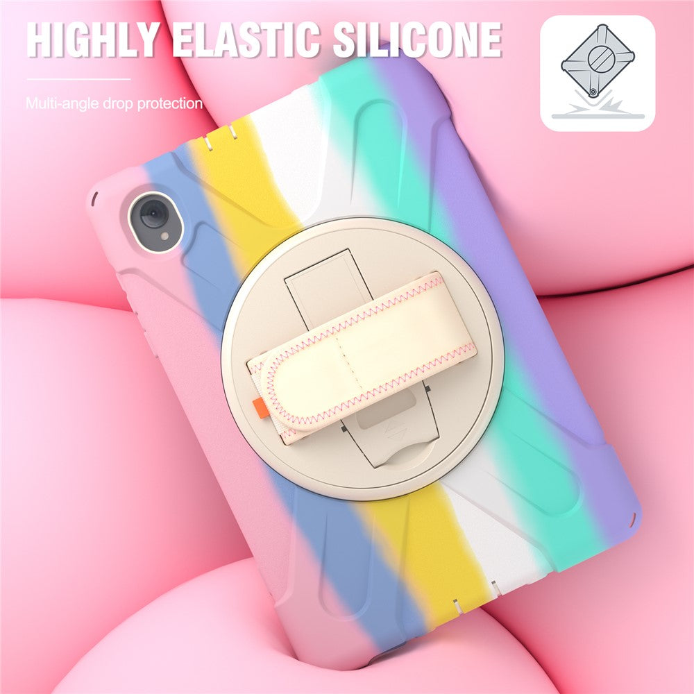 For Lenovo Tab K10/M10 Plus 360-degree Swiveling Kickstand Anti-scratch PC + Silicone Hybrid Case Cover Shell with Hand Band - Colorful/Pink