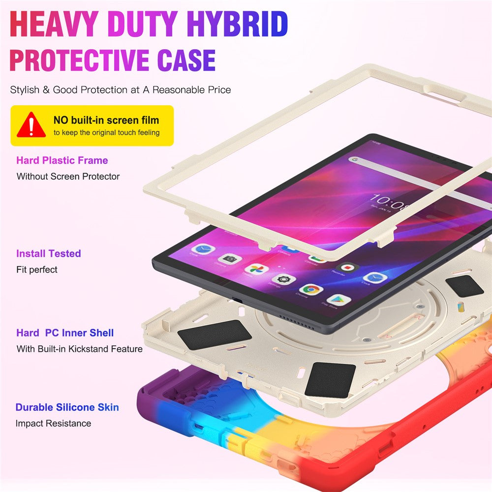 For Lenovo Tab K10/M10 Plus 360-degree Swiveling Kickstand Anti-scratch PC + Silicone Hybrid Case Cover Shell with Hand Band - Colorful/Red