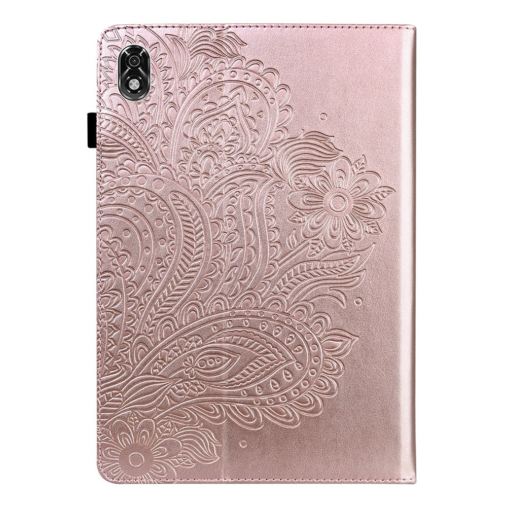 For Lenovo Legion Y700 Elastic Band Anti-fall Imprinting Flower Card Slots Stand Design PU Leather Tablet Cover Case - Rose Gold