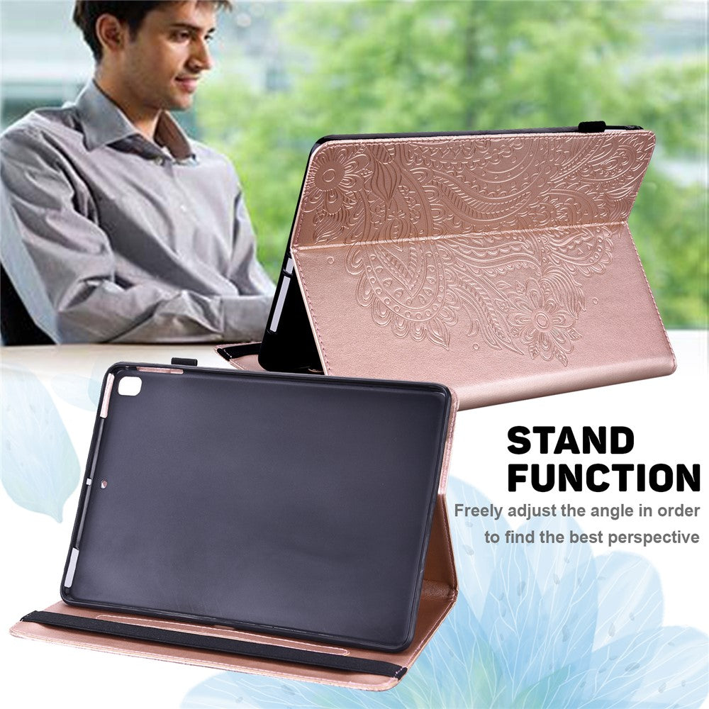 For Lenovo Legion Y700 Elastic Band Anti-fall Imprinting Flower Card Slots Stand Design PU Leather Tablet Cover Case - Rose Gold