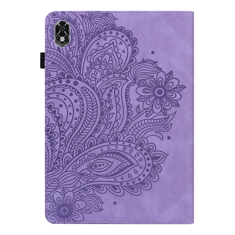 For Lenovo Legion Y700 Elastic Band Anti-fall Imprinting Flower Card Slots Stand Design PU Leather Tablet Cover Case - Purple
