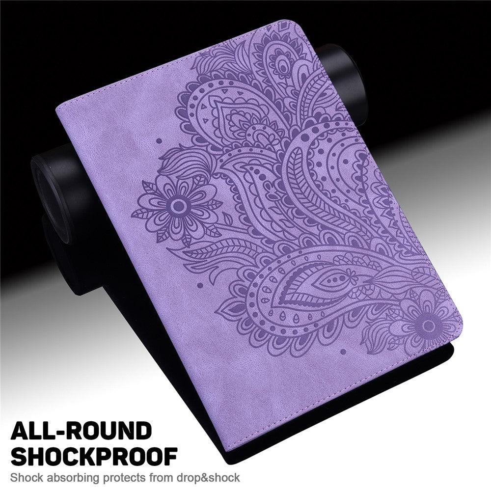 For Lenovo Legion Y700 Elastic Band Anti-fall Imprinting Flower Card Slots Stand Design PU Leather Tablet Cover Case - Purple