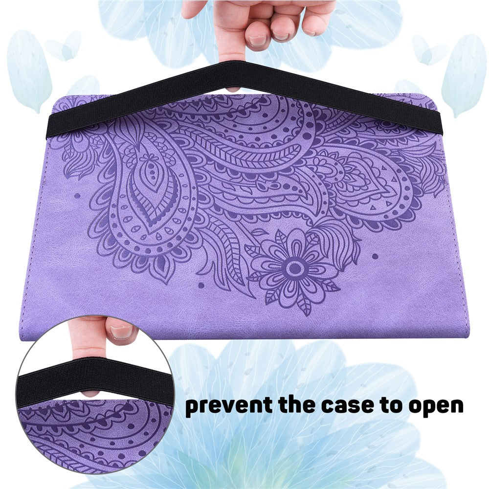 For Lenovo Legion Y700 Elastic Band Anti-fall Imprinting Flower Card Slots Stand Design PU Leather Tablet Cover Case - Purple
