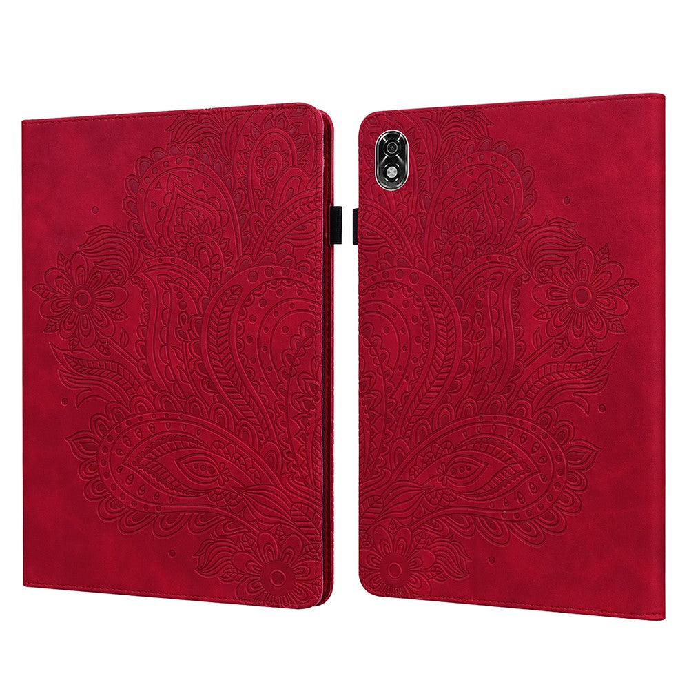 For Lenovo Legion Y700 Elastic Band Anti-fall Imprinting Flower Card Slots Stand Design PU Leather Tablet Cover Case - Red