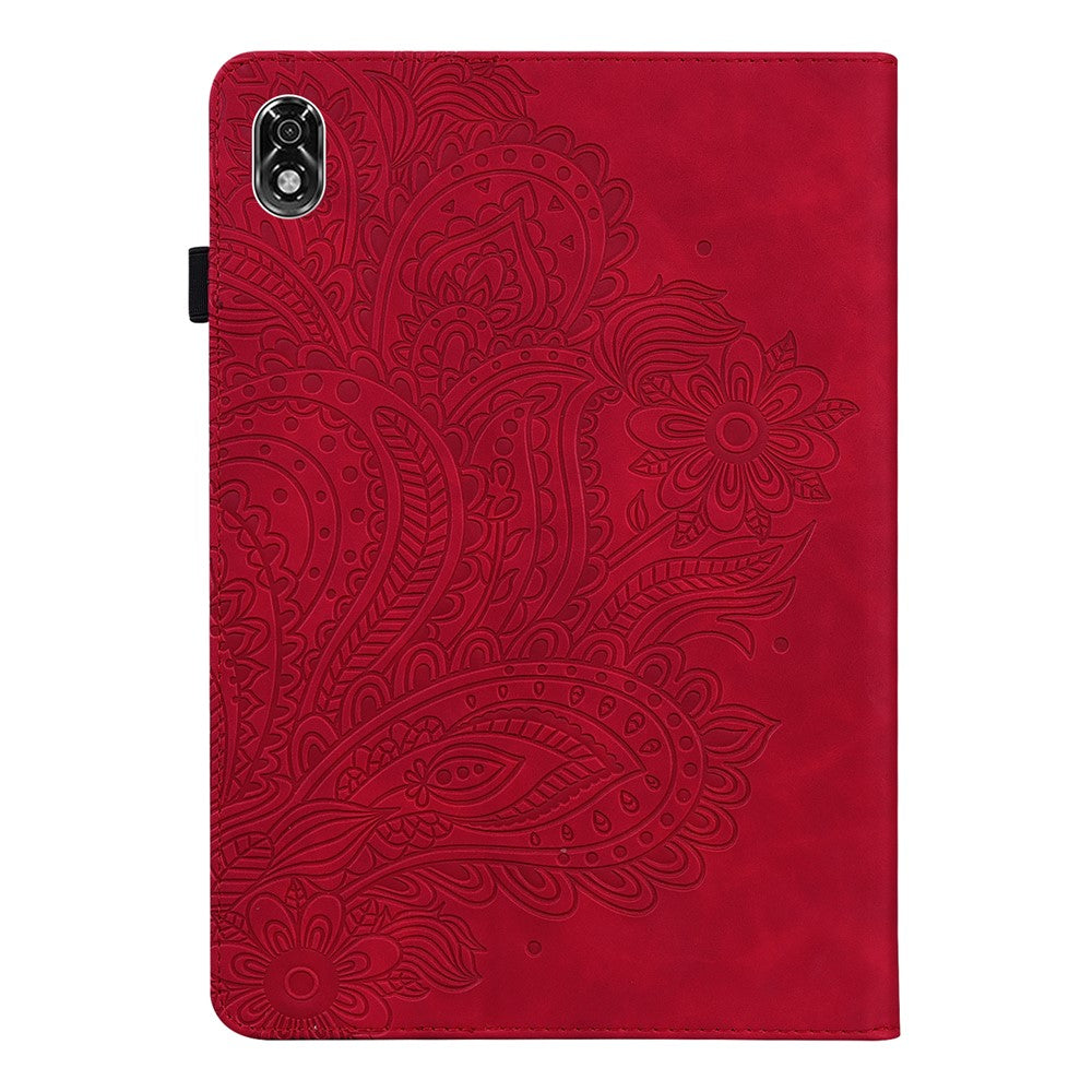 For Lenovo Legion Y700 Elastic Band Anti-fall Imprinting Flower Card Slots Stand Design PU Leather Tablet Cover Case - Red