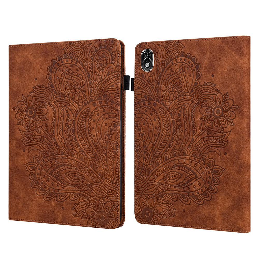 For Lenovo Legion Y700 Elastic Band Anti-fall Imprinting Flower Card Slots Stand Design PU Leather Tablet Cover Case - Brown