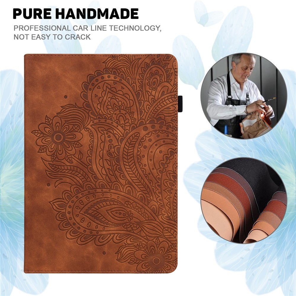 For Lenovo Legion Y700 Elastic Band Anti-fall Imprinting Flower Card Slots Stand Design PU Leather Tablet Cover Case - Brown