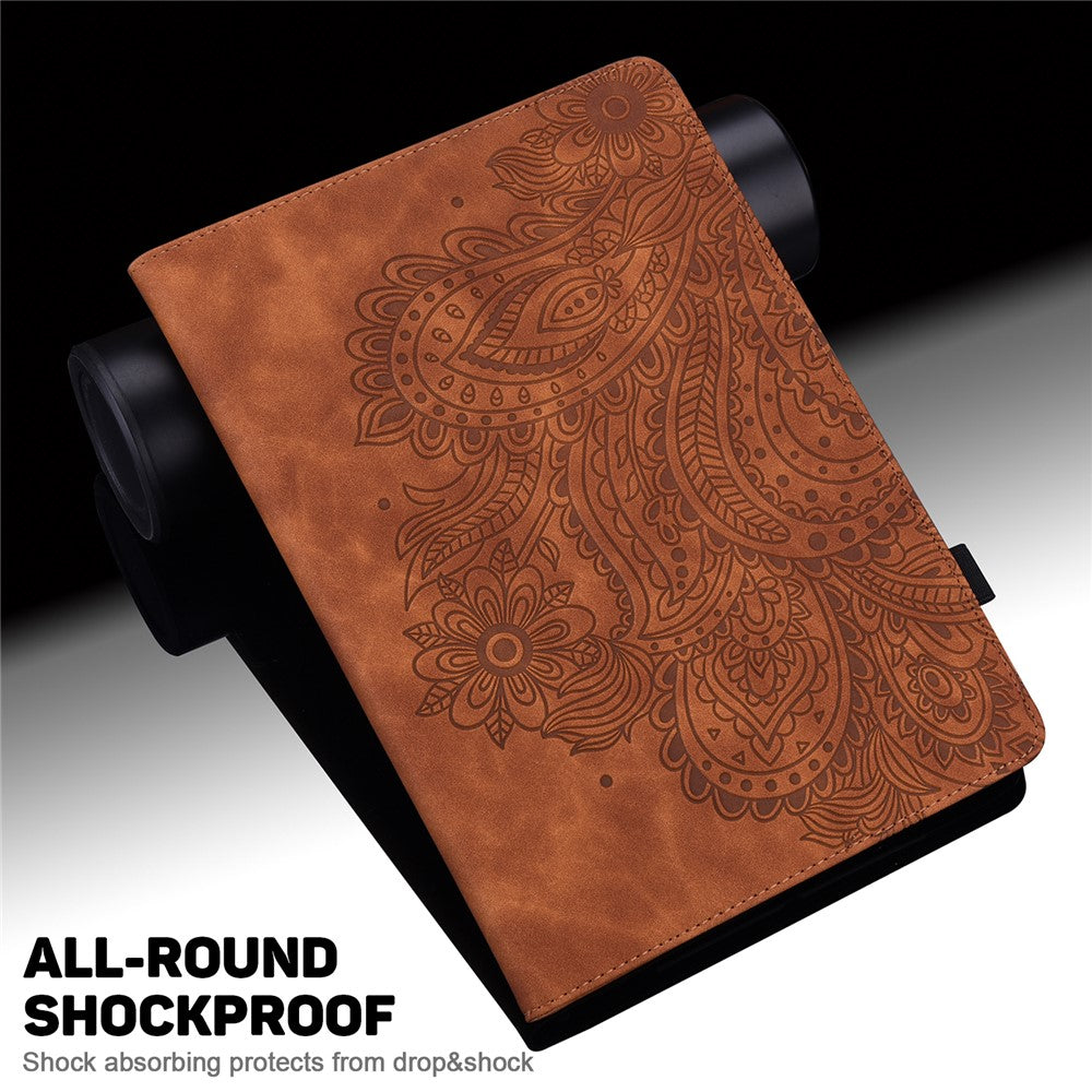 For Lenovo Legion Y700 Elastic Band Anti-fall Imprinting Flower Card Slots Stand Design PU Leather Tablet Cover Case - Brown