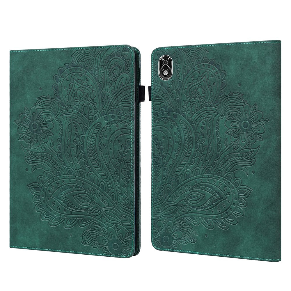 For Lenovo Legion Y700 Elastic Band Anti-fall Imprinting Flower Card Slots Stand Design PU Leather Tablet Cover Case - Green