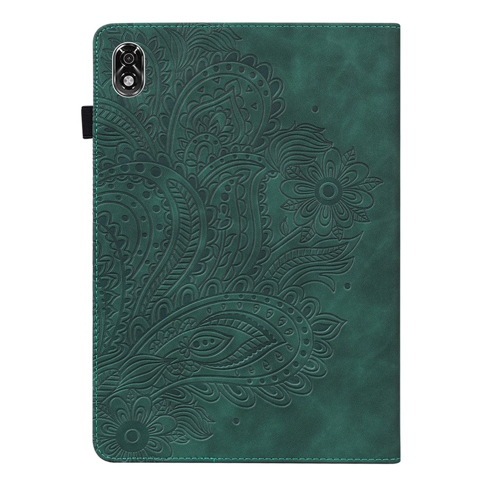 For Lenovo Legion Y700 Elastic Band Anti-fall Imprinting Flower Card Slots Stand Design PU Leather Tablet Cover Case - Green