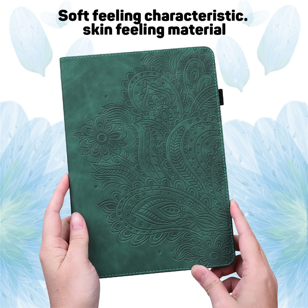 For Lenovo Legion Y700 Elastic Band Anti-fall Imprinting Flower Card Slots Stand Design PU Leather Tablet Cover Case - Green