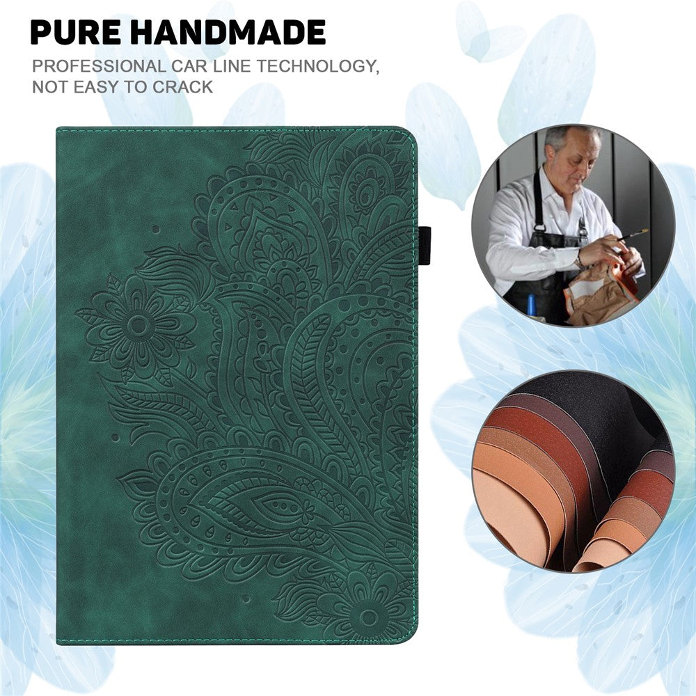 For Lenovo Legion Y700 Elastic Band Anti-fall Imprinting Flower Card Slots Stand Design PU Leather Tablet Cover Case - Green