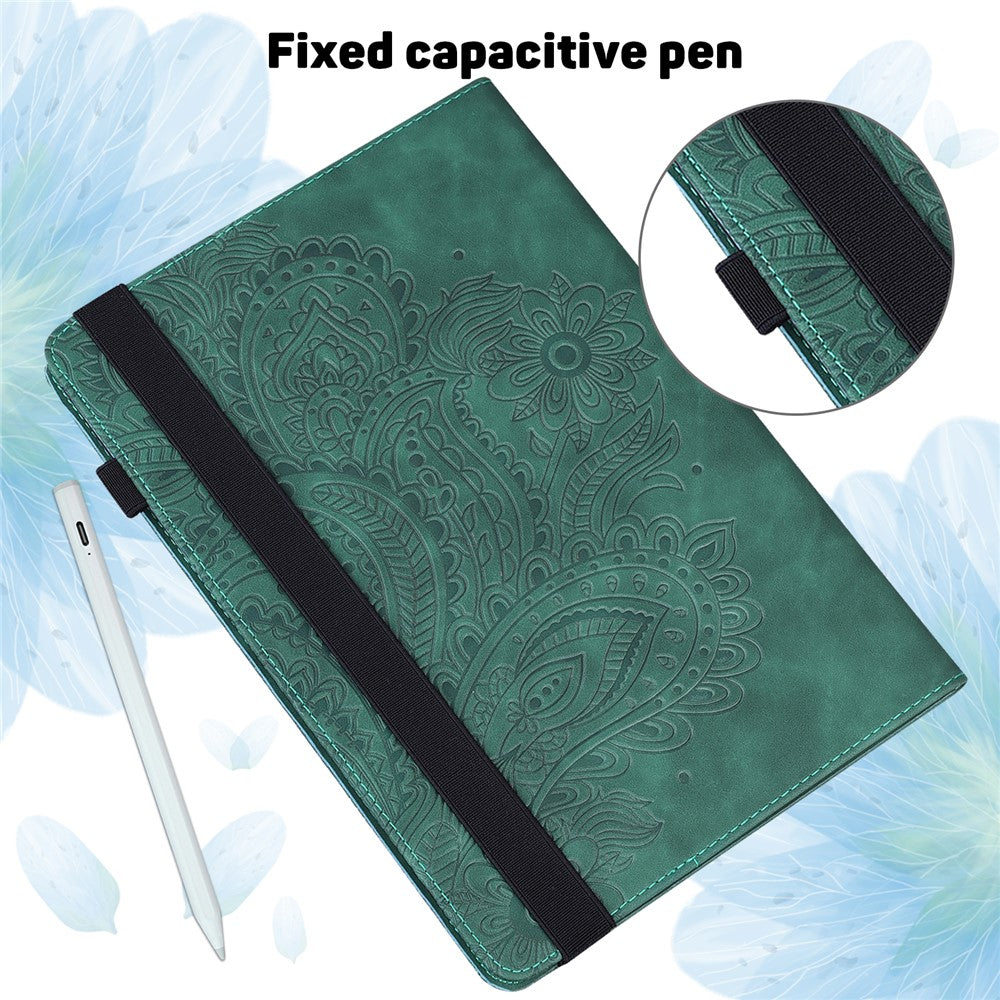 For Lenovo Legion Y700 Elastic Band Anti-fall Imprinting Flower Card Slots Stand Design PU Leather Tablet Cover Case - Green