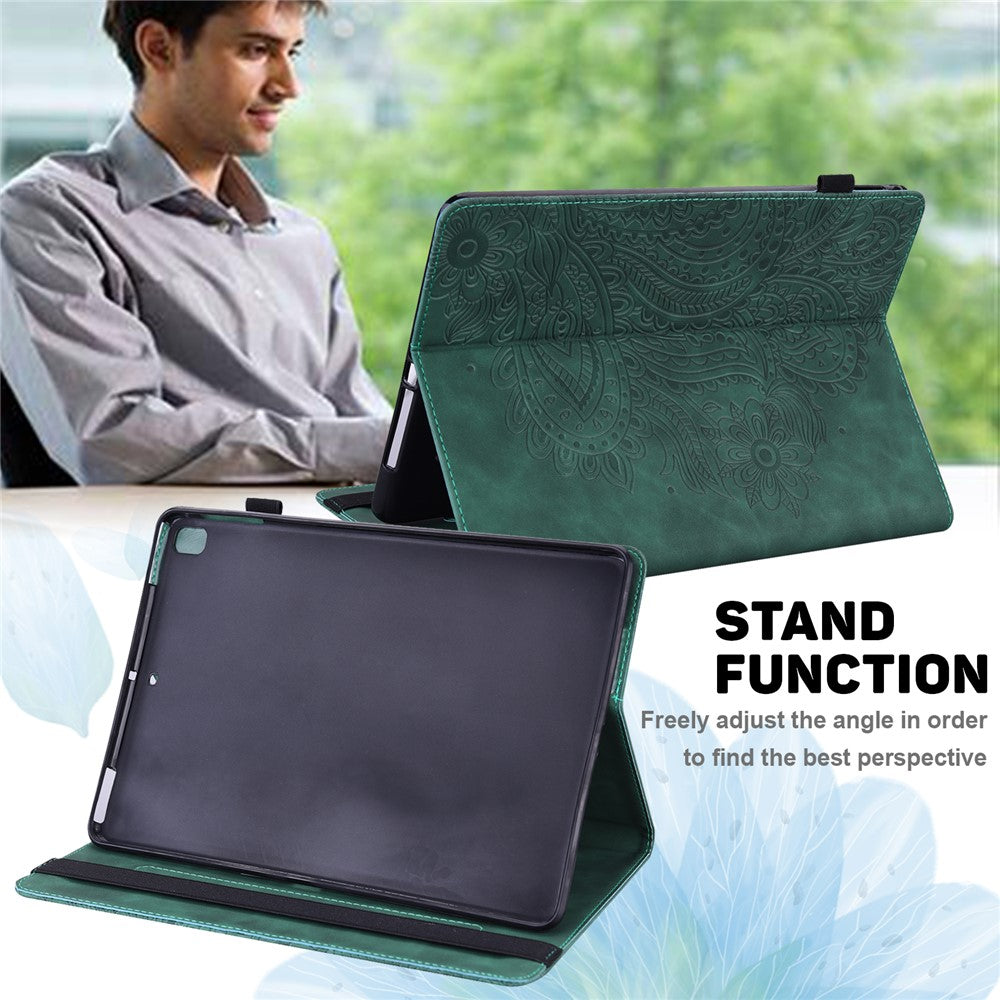 For Lenovo Legion Y700 Elastic Band Anti-fall Imprinting Flower Card Slots Stand Design PU Leather Tablet Cover Case - Green