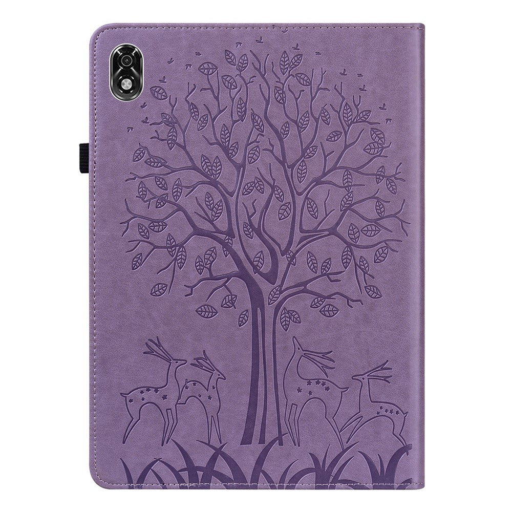 For Lenovo Legion Y700 Elastic Band Design Imprinting Tree Deer Pattern Card Slots Stand Shockproof PU Leather Tablet Cover Case - Purple
