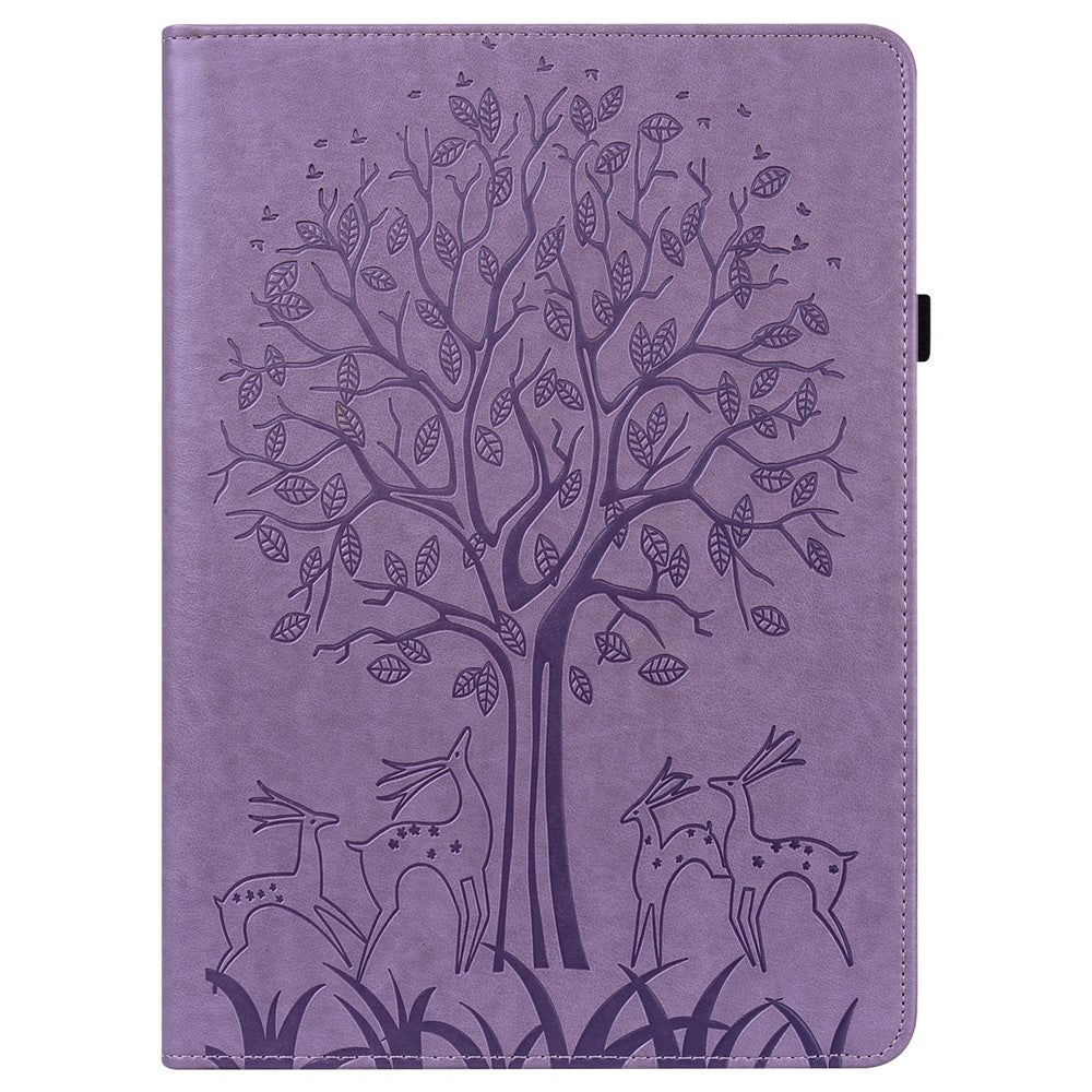 For Lenovo Legion Y700 Elastic Band Design Imprinting Tree Deer Pattern Card Slots Stand Shockproof PU Leather Tablet Cover Case - Purple