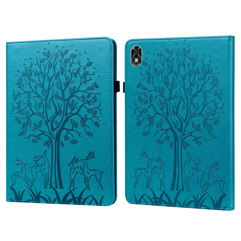 For Lenovo Legion Y700 Elastic Band Design Imprinting Tree Deer Pattern Card Slots Stand Shockproof PU Leather Tablet Cover Case - Blue