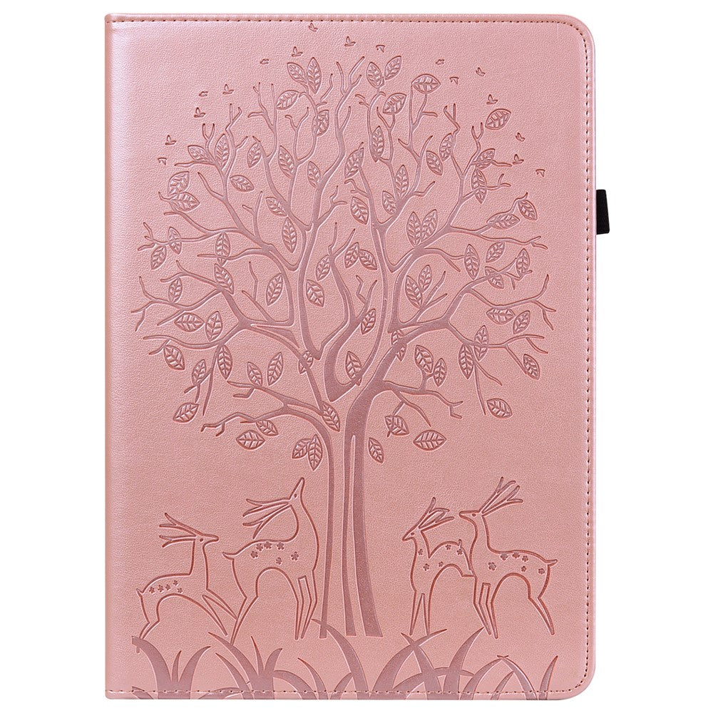 For Lenovo Legion Y700 Elastic Band Design Imprinting Tree Deer Pattern Card Slots Stand Shockproof PU Leather Tablet Cover Case - Rose Gold