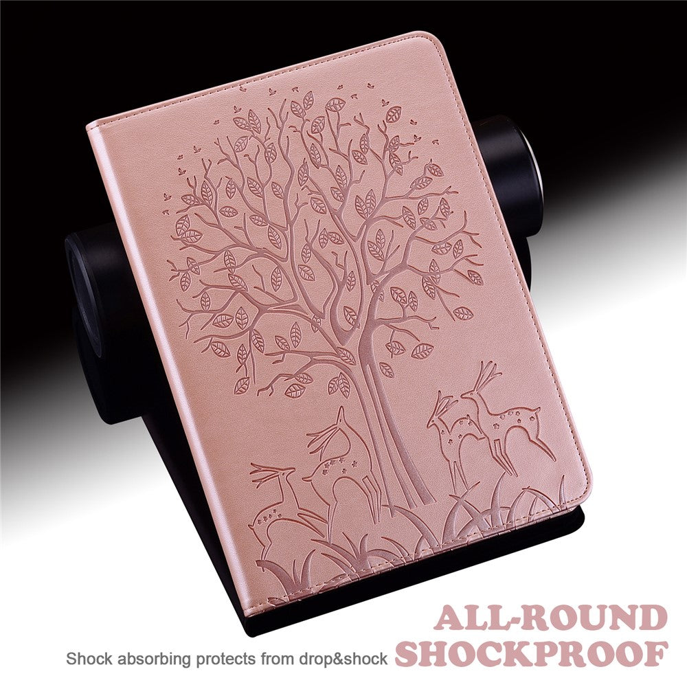 For Lenovo Legion Y700 Elastic Band Design Imprinting Tree Deer Pattern Card Slots Stand Shockproof PU Leather Tablet Cover Case - Rose Gold