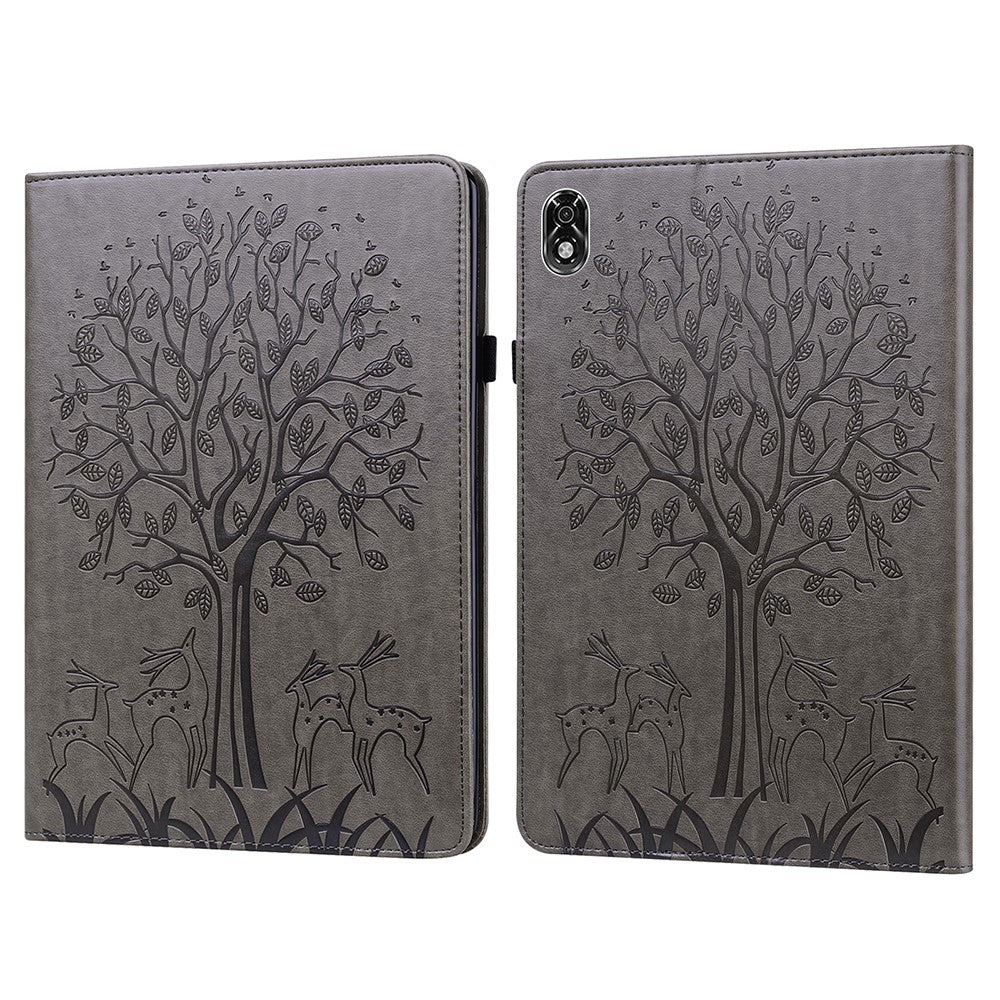 For Lenovo Legion Y700 Elastic Band Design Imprinting Tree Deer Pattern Card Slots Stand Shockproof PU Leather Tablet Cover Case - Grey