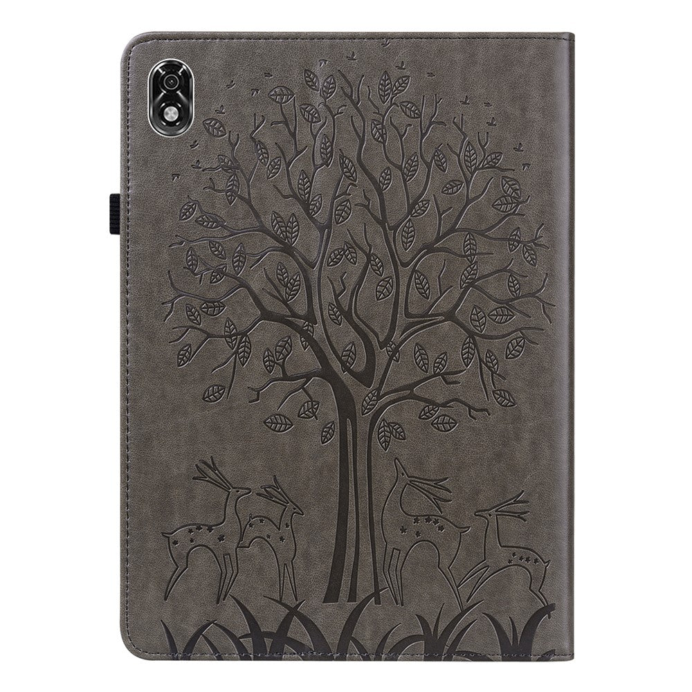 For Lenovo Legion Y700 Elastic Band Design Imprinting Tree Deer Pattern Card Slots Stand Shockproof PU Leather Tablet Cover Case - Grey