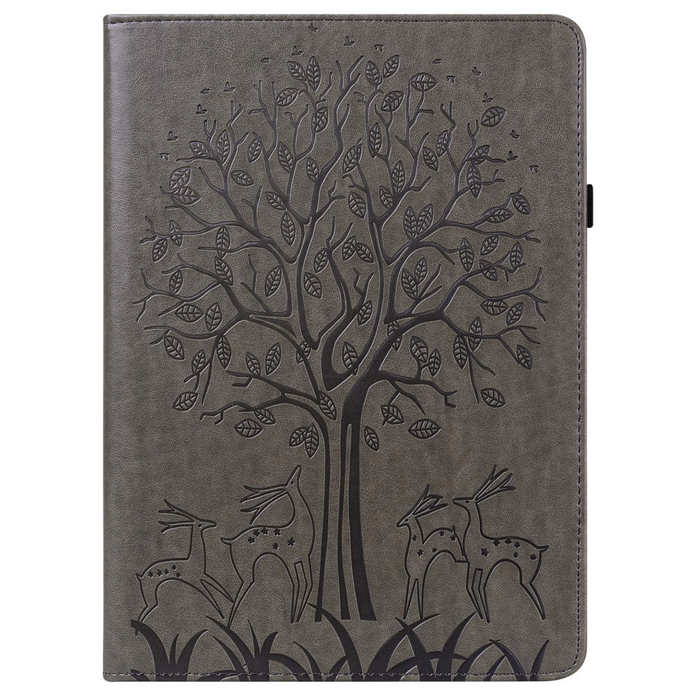 For Lenovo Legion Y700 Elastic Band Design Imprinting Tree Deer Pattern Card Slots Stand Shockproof PU Leather Tablet Cover Case - Grey