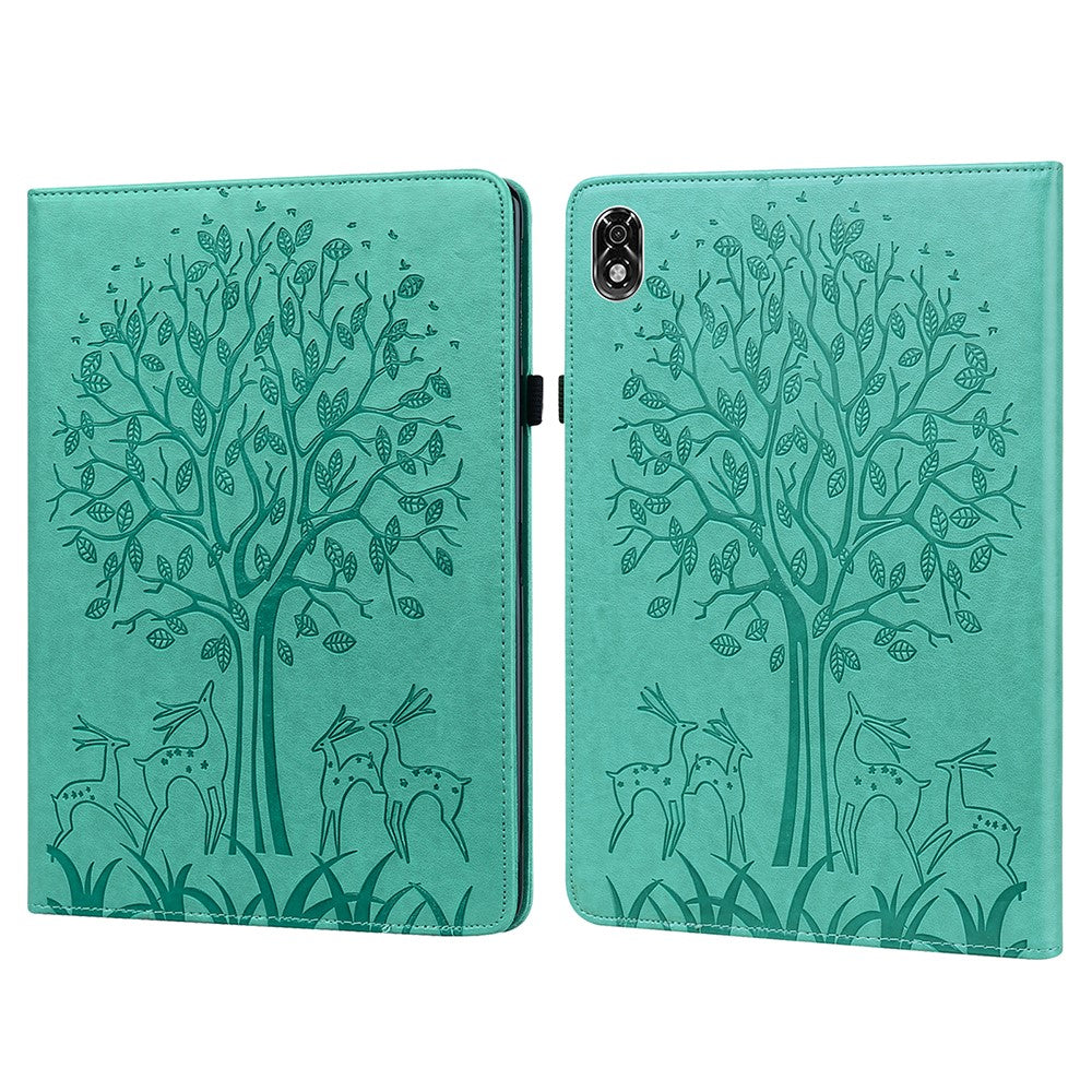 For Lenovo Legion Y700 Elastic Band Design Imprinting Tree Deer Pattern Card Slots Stand Shockproof PU Leather Tablet Cover Case - Green