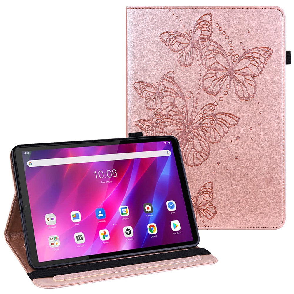 For Lenovo Tab K10 TB-X6C6F TB-X6C6L TB-X6C6X (2021) PU Leather Smart Tablet Cover Shell Auto Wake/Sleep Stand Tablet Case Imprinting Butterflies Built-in Card Slots Tablet Case - Rose Gold