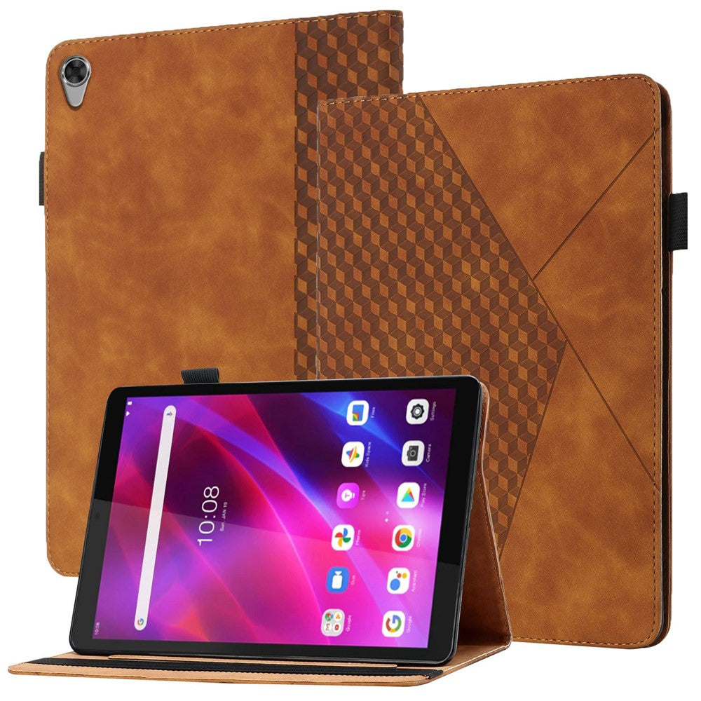 For Lenovo Tab M8 (3rd Gen)/Motorola Tab G20 Rhombus Imprinting Design Elastic Band Anti-scratch Leather Folding Stand Case with Card Slots - Brown