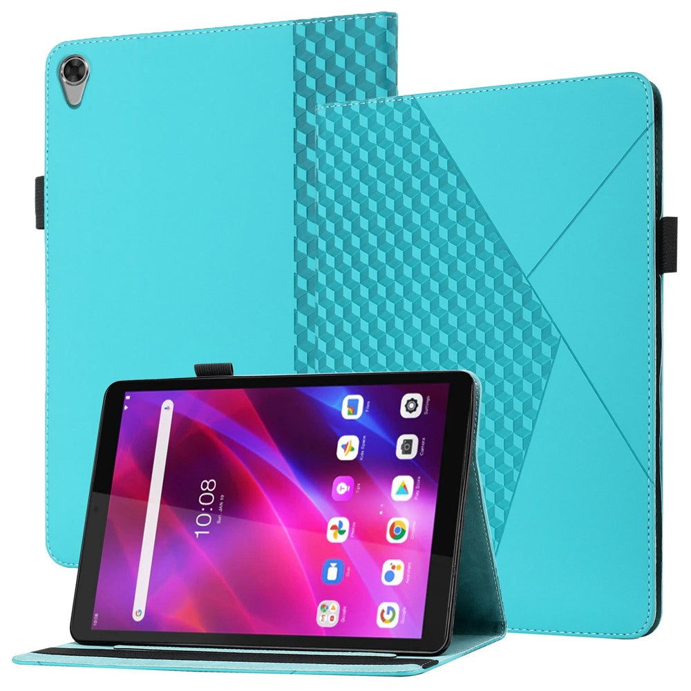 For Lenovo Tab M8 (3rd Gen)/Motorola Tab G20 Rhombus Imprinting Design Elastic Band Anti-scratch Leather Folding Stand Case with Card Slots - Lake Blue